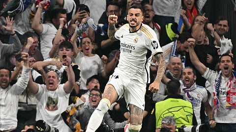 Real Madrid's Joselu celebrates scoring the equalizing goal during the UEFA Champions League semi final second leg football match between Real Madrid CF and FC Bayern Munich on May 8, 2024.