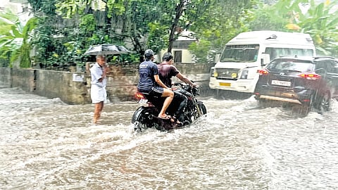 Vehicles wade through the waterlogged St Benedict Road near Ernakulam North railway station on Thursday.