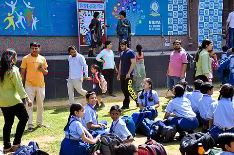 School children, teachers and others at Vidya Bal Bhawan sr. Sec. School at Mayur Vihar, in New Delhi on Wednesday, May 1, 2024. 