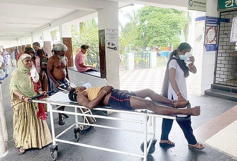 A heatstroke patient being admitted to the Rourkela Government Hospital,on Friday 