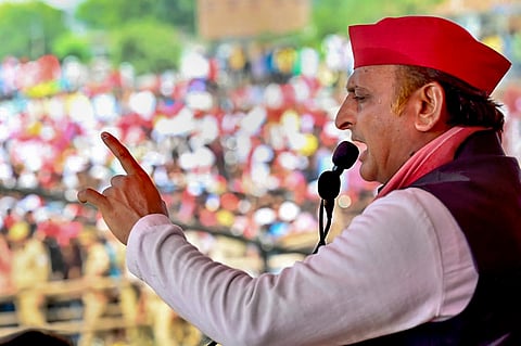 Samajwadi Party Chief Akhilesh Yadav addresses a public meeting for Lok Sabha elections, in Lalganj, Azamgarh district, Uttar Pradesh.