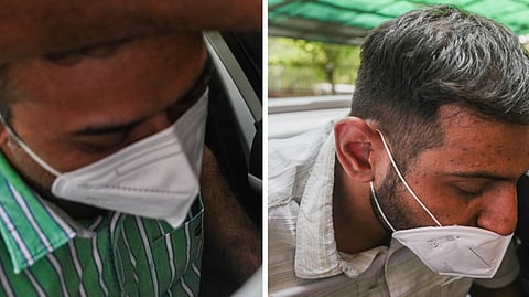 Dr. Naveen Khichi (L), the owner of Baby Care New Born Child Hospital, and Dr. Akash being taken to custody after they were produced before the Karkardooma Court in the hospital fire case, in New Delhi, Monday, May 27, 2024.
