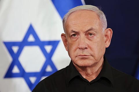 Israeli Prime Minister Benjamin Netanyahu attends a press conference at the Kirya military base in Tel Aviv.