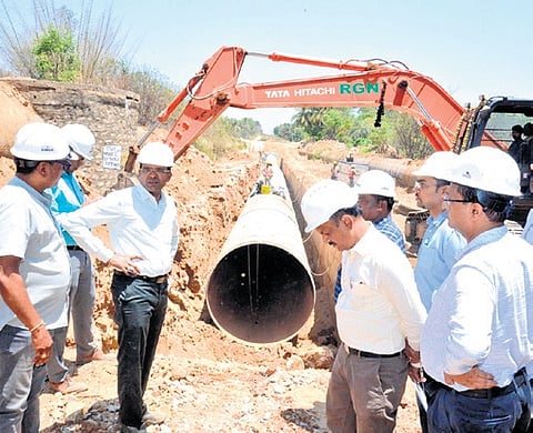 BWSSB chairman V Ram Prasath Manohar inspects the Cauvery Stage V project work in Harohalli on Wednesday
