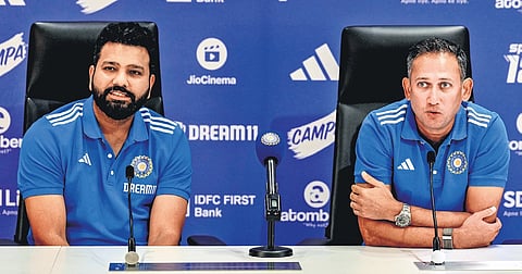 India captain Rohit Sharma & chief selector Ajit Agarkar during a press meet