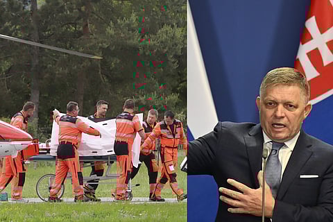 Rescue workers wheel Slovak Prime Minister Robert Fico, who was shot and injured, to a hospital in the town of Banska Bystrica, central Slovakia, Wednesday, May 15, 2024. (L) Slovakia's Prime Minister Robert Fico speaks during a press conference