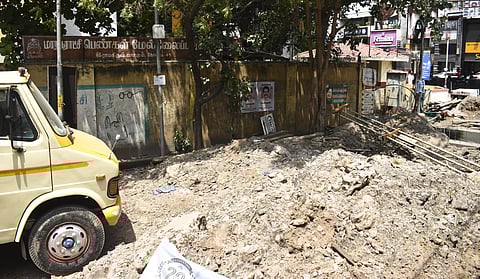 Work going on in fixing UGD works in front of Ramakrishnapuram Girls Corporation high school in Coimbatore on Friday.