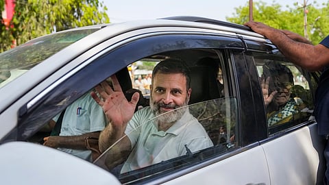 Congress leader and party candidate from Rae Bareli constituency Rahul Gandhi leaves with party leader Sonia Gandhi after filing his nomination, ahead of the third phase of Lok Sabha elections, in Rae Bareli, Friday, May 3, 2024.