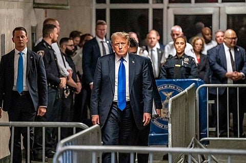 Former US President and Republican presidential candidate Donald Trump walks to speak to the press after he was convicted in his criminal trial at Manhattan Criminal Court in New York City, on May 30, 2024.