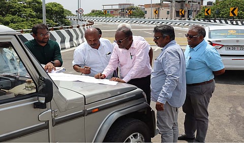 The Highways Department internal audit team led by the superintendent engineer M Panneerselvam and H Ramesh (C&M) inspects the Ukkadam - Athupalam flyover works on Thursday.