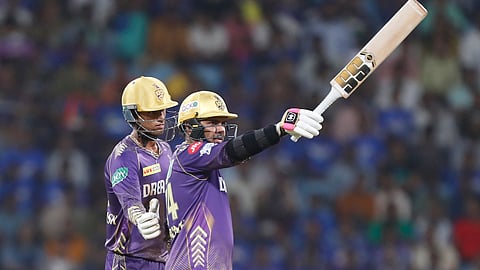 KKR's Sunil Narine celebrates after reaching his half-century against LSG on Sunday