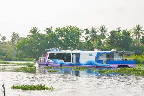A water metro boat, the first of its kind in India, in Kochi.(EPS Photo.)