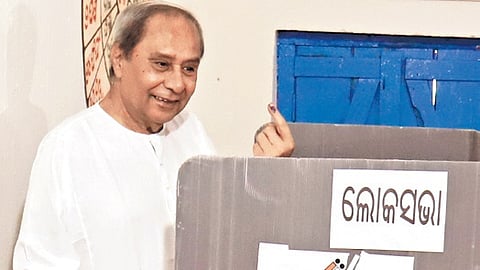 Chief Minister Naveen Patnaik shows his inked finger after casting his vote in Bhubaneswar on Saturday