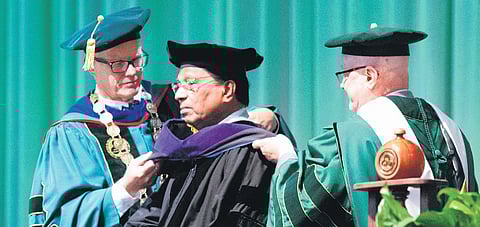 Binghamton University president Harvey Stenger and provost Donald Hall confer honorary doctor of laws degree on VIT chancellor G Viswanathan