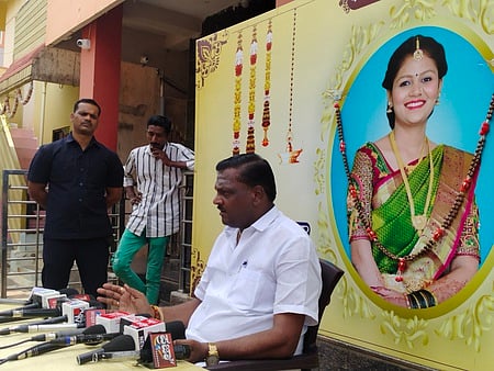 Neha's father Niranjan Hiremath addresses a press conference at his residence in Hubballi.