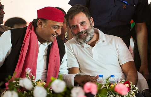 Congress leader Rahul Gandhi and Samajwadi Party chief Akhilesh Yadav during a public meeting of I.N.D.I.A. for Lok Sabha elections, in Jalaun district, Tuesday, May 14, 2024. 