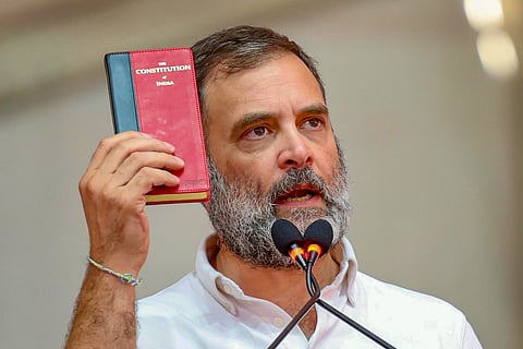 Congress candidate from Amethi constituency Kishori Lal Sharma with other leaders of the INDIA alliance during a roadshow before filing his nomination, ahead of the third phase of Lok Sabha elections.