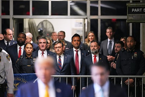 Former President Donald Trump talks to the media after a day of testimony in his trial at Manhattan Criminal court in New York, on May 10, 2024.