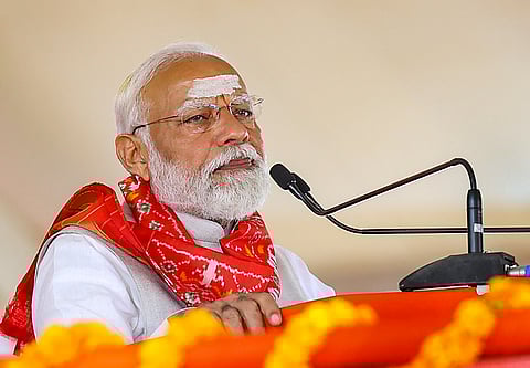Prime Minister Narendra Modi addresses a public meeting for Lok Sabha polls, in Karimnagar, Wednesday, May 8, 2024.