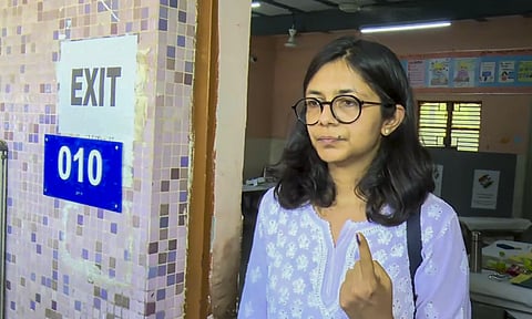 Rajya Sabha MP Swati Maliwal after casting her vote at a polling booth during the sixth phase of Lok Sabha elections