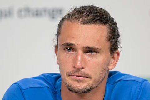 Germany's Alexander Zverev reacts as he addresses a press conference on day five of the French Open tennis tournament at the Roland Garros Complex in Paris on May 30, 2024.