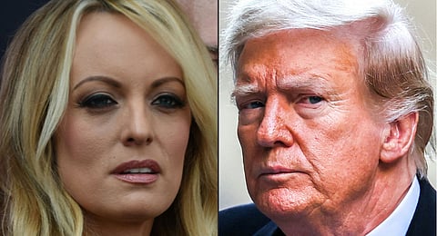 This combination of pictures created on April 12, 2024 shows
adult film star Stormy Daniels in Hollywood, California and former US President Donald Trump in New York City on March 25, 2024.