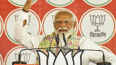 Prime Minister Narendra Modi addresses a public meeting for the Lok Sabha elections, in Paschim Bardhaman district.