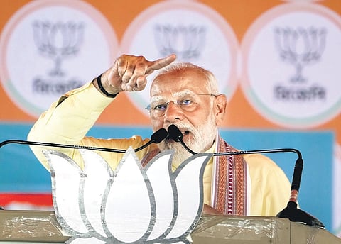 Prime Minister Narendra Modi at a public meeting ahead of Lok Sabha elections at Chinsurah in Hooghly district of West Bengal on Sunday.