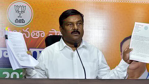 BJP Legislature Party Leader Alleti Maheshwar Reddy addressing a press conference at BJP  headquarters in Hyderabad.