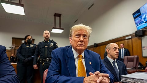 Former President Donald Trump sits inside Manhattan Criminal Court, Thursday, May 2, 2024.