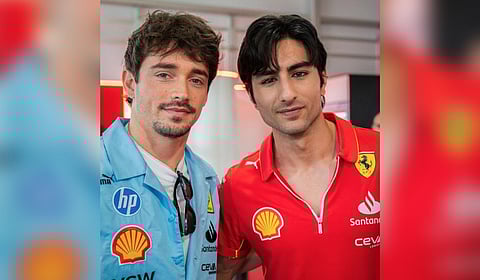 Actors Saif Ali Khan and Amrita Singh's son Ibrahim Ali Khan with F1 racer Charles Leclerc