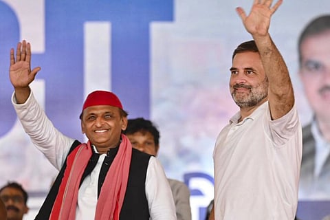 Congress leader Rahul Gandhi and Samajwadi Party chief Akhilesh Yadav during a public meeting of I.N.D.I.A. for Lok Sabha elections, in Jalaun district, Tuesday, May 14, 2024. 