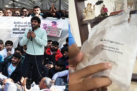 Grappler Bajrang Punia addresses the media as part of wrestlers' protest at Jantar Mantar in New Delhi, Screengrab from Bajrang Punia's video on X