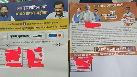 Promotional materials printed on voting slips distributed by AAP, BJP