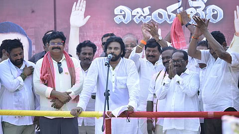 Janasena chief Pawan Kalyan during public meeting at Gudivada on Saturday. 