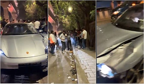 The Porsche car driven by a 17-year-old boy which knocked down two motorbike riders in the Kalyani Nagar area of Pune city, causing their deaths. 