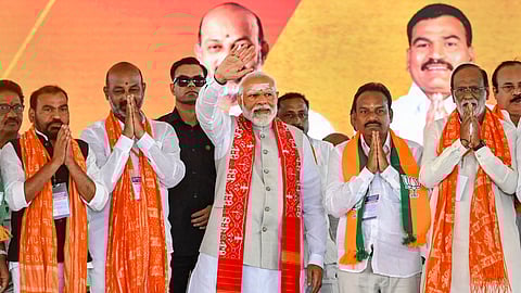 Prime Minister Narendra Modi during a public meeting for Lok Sabha elections, in Karimnagar, Telangana, Wednesday, May 8, 2024. 