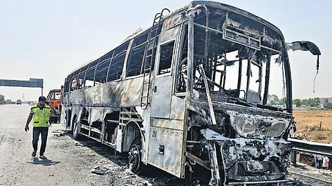 The bus caught fire when a few residents of Hoshiarpur and Ludhiana, were returning in the bus after visiting pilgrim towns of Ujjan and Mathura-Vrindavan, police said.