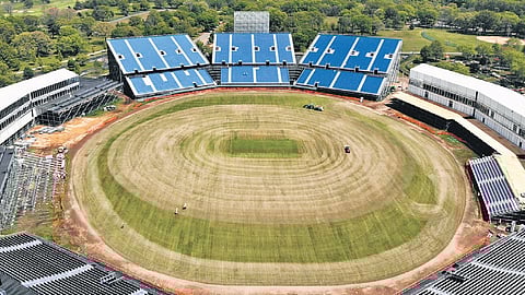 Aerial shot of the Nassau County Cricket Stadium during the month of May.