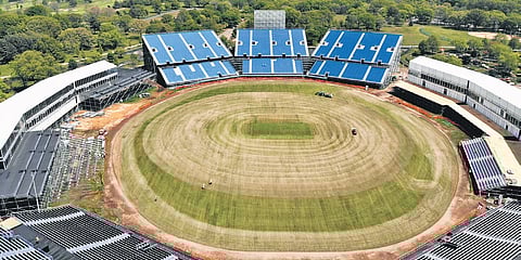 Aerial shot of the Nassau County Cricket Stadium during the month of May.