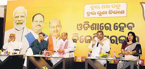 Union Minister Dharmendra Pradhan addressing mediapersons in Bhubaneswar on Monday 