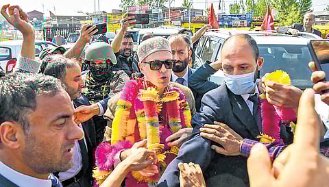 NC leader Omar Abdullah arrives to file nominationin Baramulla on Thursday.