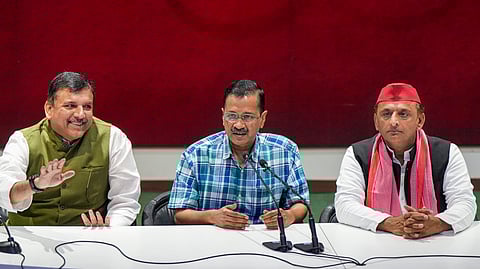 Delhi Chief Minister and AAP convenor Arvind Kejriwal, Samajwadi Party chief Akhilesh Yadav and AAP MP Sanjay Singh at their joint press conference, in Lucknow, Thursday, May 16, 2024.