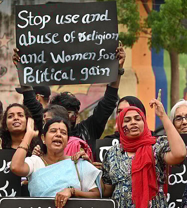Members of women's groups protest against MP Prajwal Revanna at Freedom Park in Bengaluru on May 3.