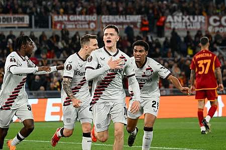 Bayer Leverkusen's German midfielder  Florian Wirtz celebrates after scoring his team first goal during the UEFA Europa League semi-final 