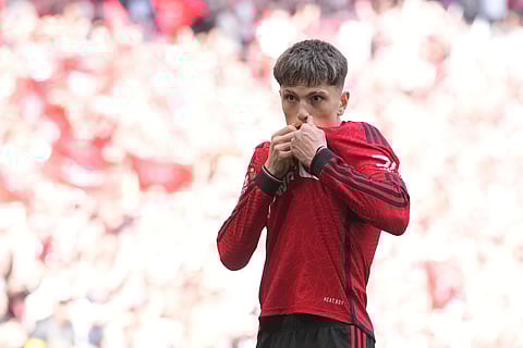 Manchester United's Alejandro Garnacho celebrates after scoring his side's opening goal during the  FA Cup final against Manchester City at Wembley (Photo | AP)
