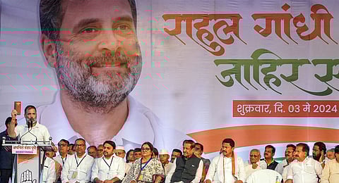Congress leader Rahul Gandhi addresses during a public meeting for Lok Sabha polls, in Pune, Friday, May 3, 2024.