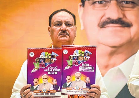 BJP national president JP Nadda releases party manifesto for Odisha elections in Bhubaneswar, on Sunday