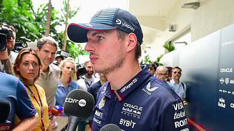Red Bull Racing's Dutch driver Max Verstappen speaks with reporters in the paddock ahead of the 2024 Miami Formula One Grand Prix at Miami International Autodrome on May 2, 2024. 