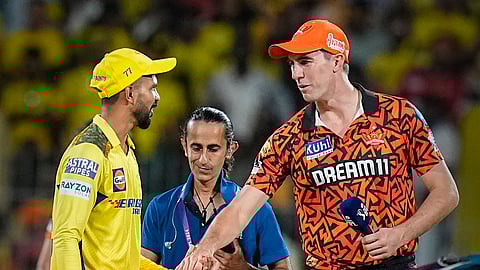 Chennai Super Kings' captain Ruturaj Gaikwad and Sunrisers Hyderabad's captain Pat Cummins during the toss ceremony before an Indian Premier League (IPL) 2024